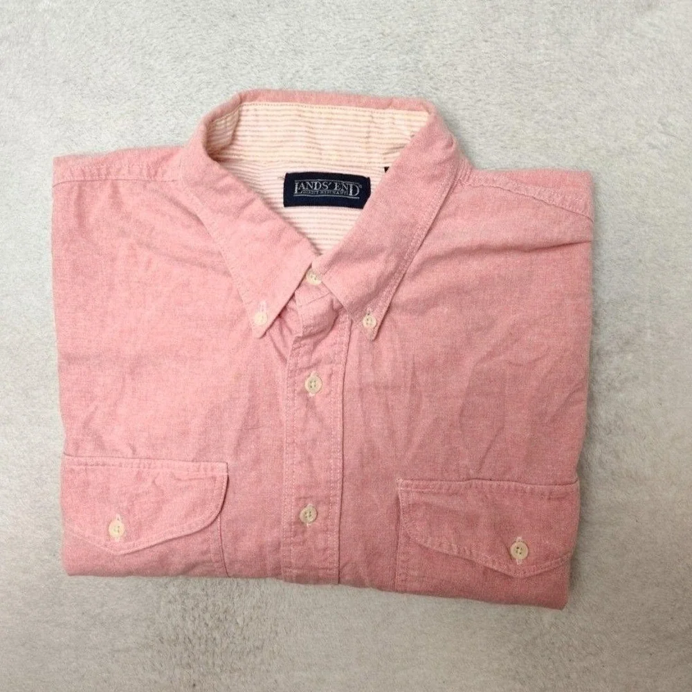 Lands' End Shirt Mens L Pink Oxford OCBD Button-Up Cotton Pockets Made In USA